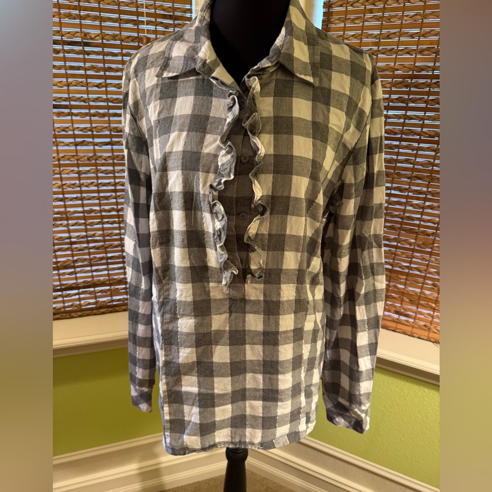 Talbots Gray Checkered Woman’s Shirt with Ruffle Detail